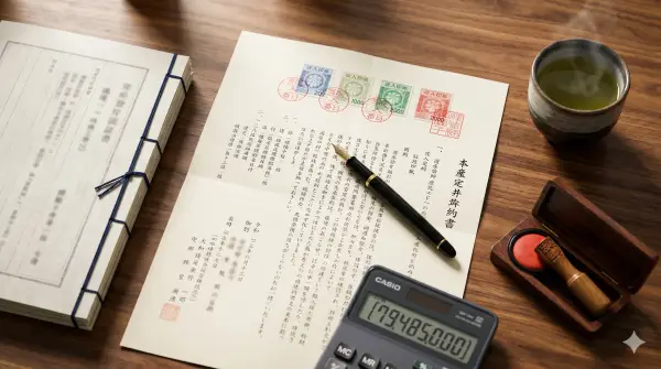 A Japanese sale contract document with revenue stamps, calculator, and registration certificate on a desk
