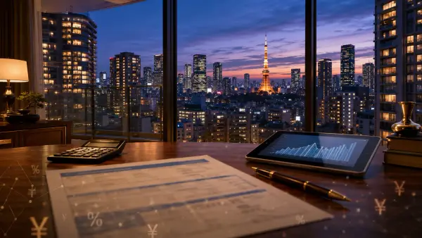Japanese property tax notification documents on a desk with a Tokyo apartment view in the background