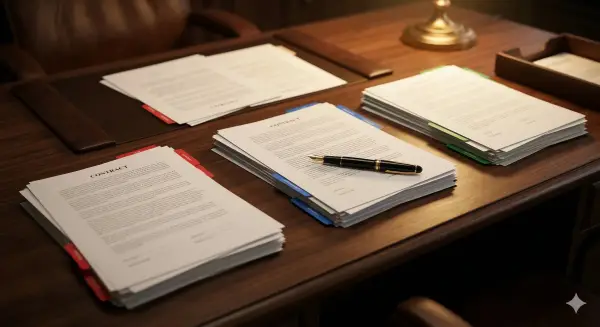 Contract documents spread across an executive desk