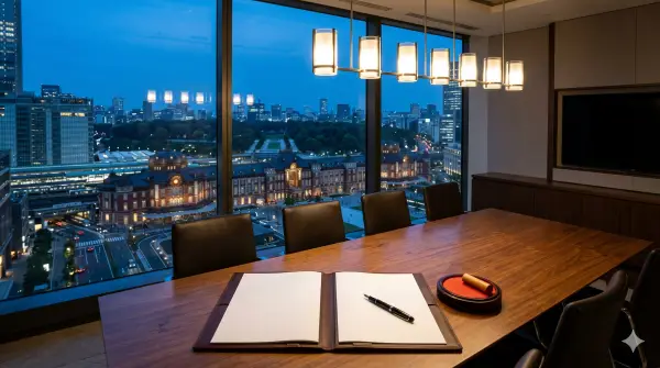 Tokyo office building viewed from a high floor with documents and a fountain pen on a desk
