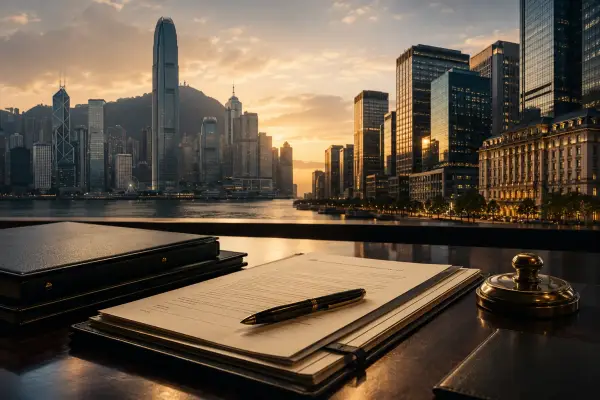 Hong Kong corporate skyline juxtaposed with a Tokyo office building and Japanese registry documents