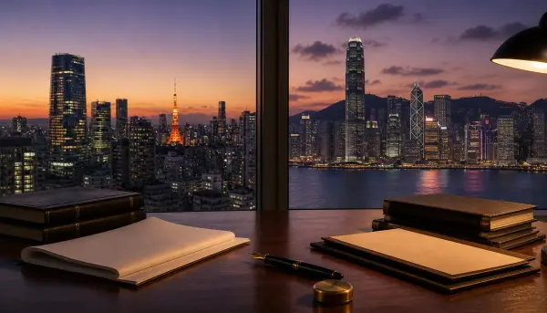 Side-by-side architectural framing of Tokyo and Hong Kong skylines suggesting jurisdictional contrast