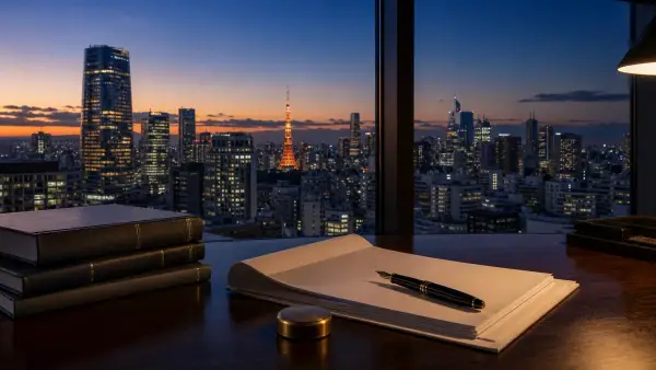 Tokyo skyline at dusk seen across professional reference documents and a fountain pen on a desk