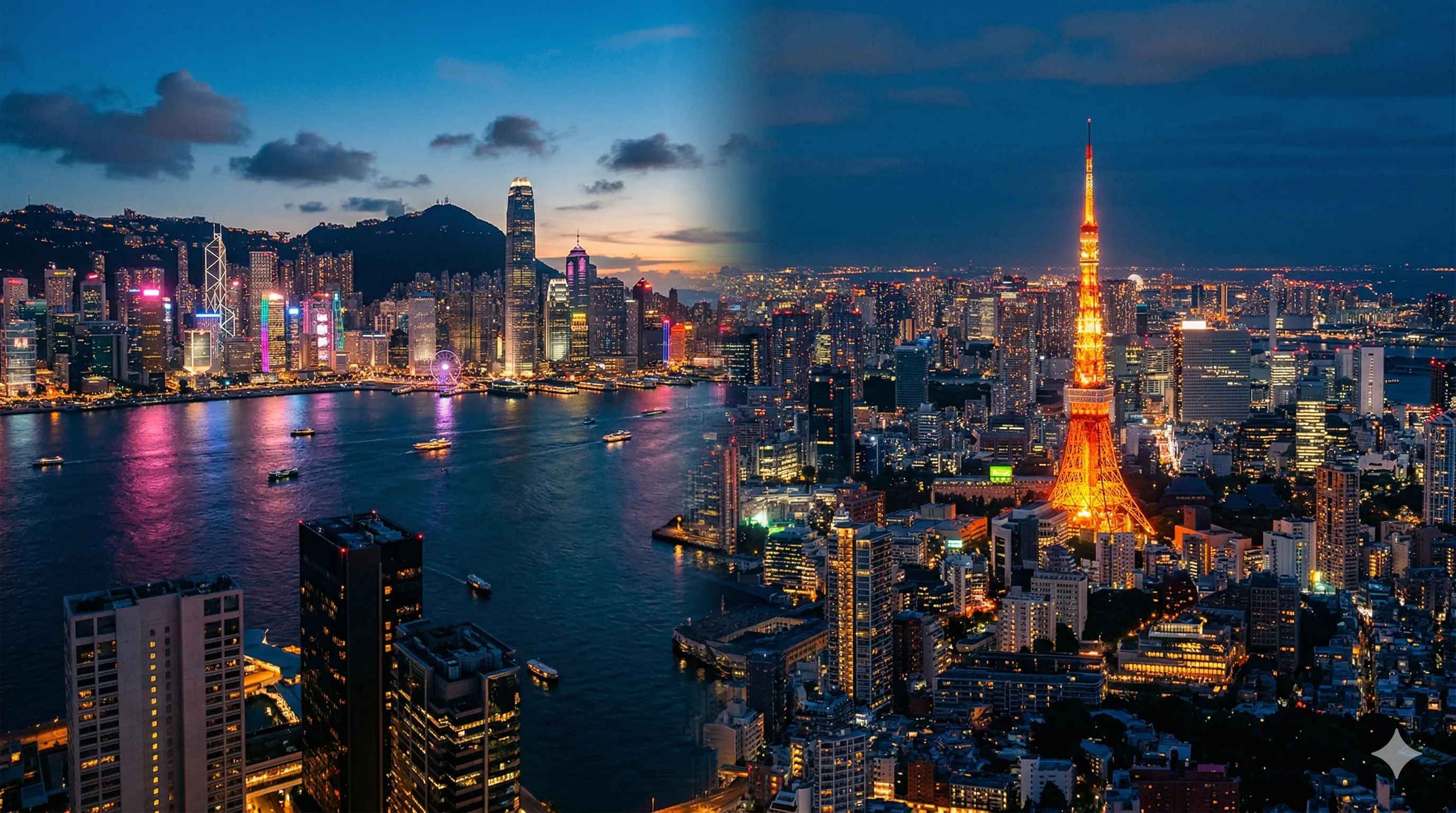 Split view of Hong Kong harbor and Tokyo cityscape at twilight