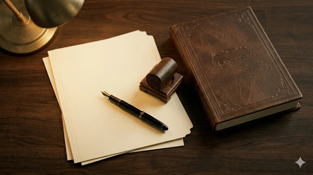 Corporate registration paperwork and seal alongside Japanese tax forms