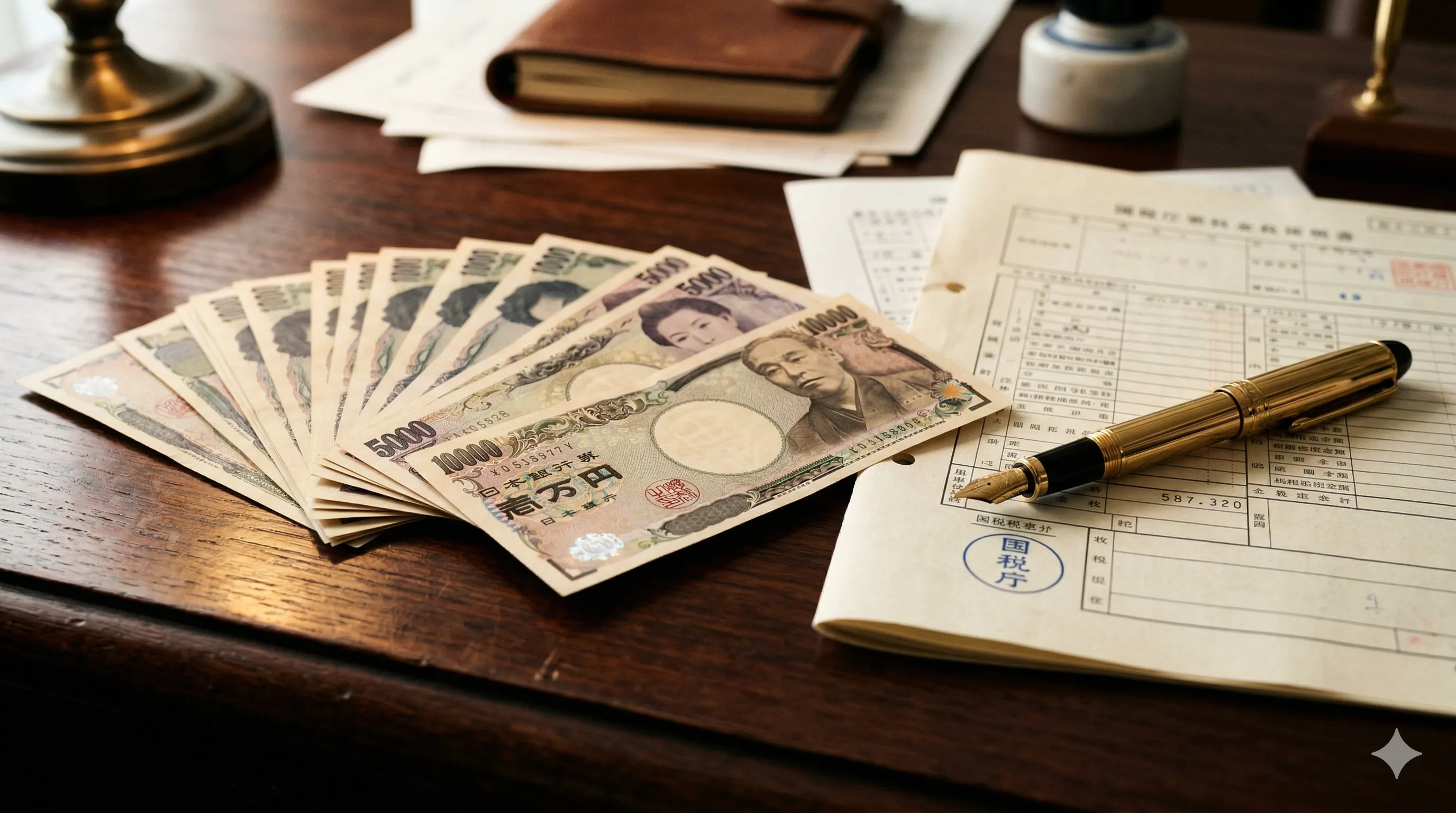 Japanese yen banknotes alongside financial documents on a dark desk