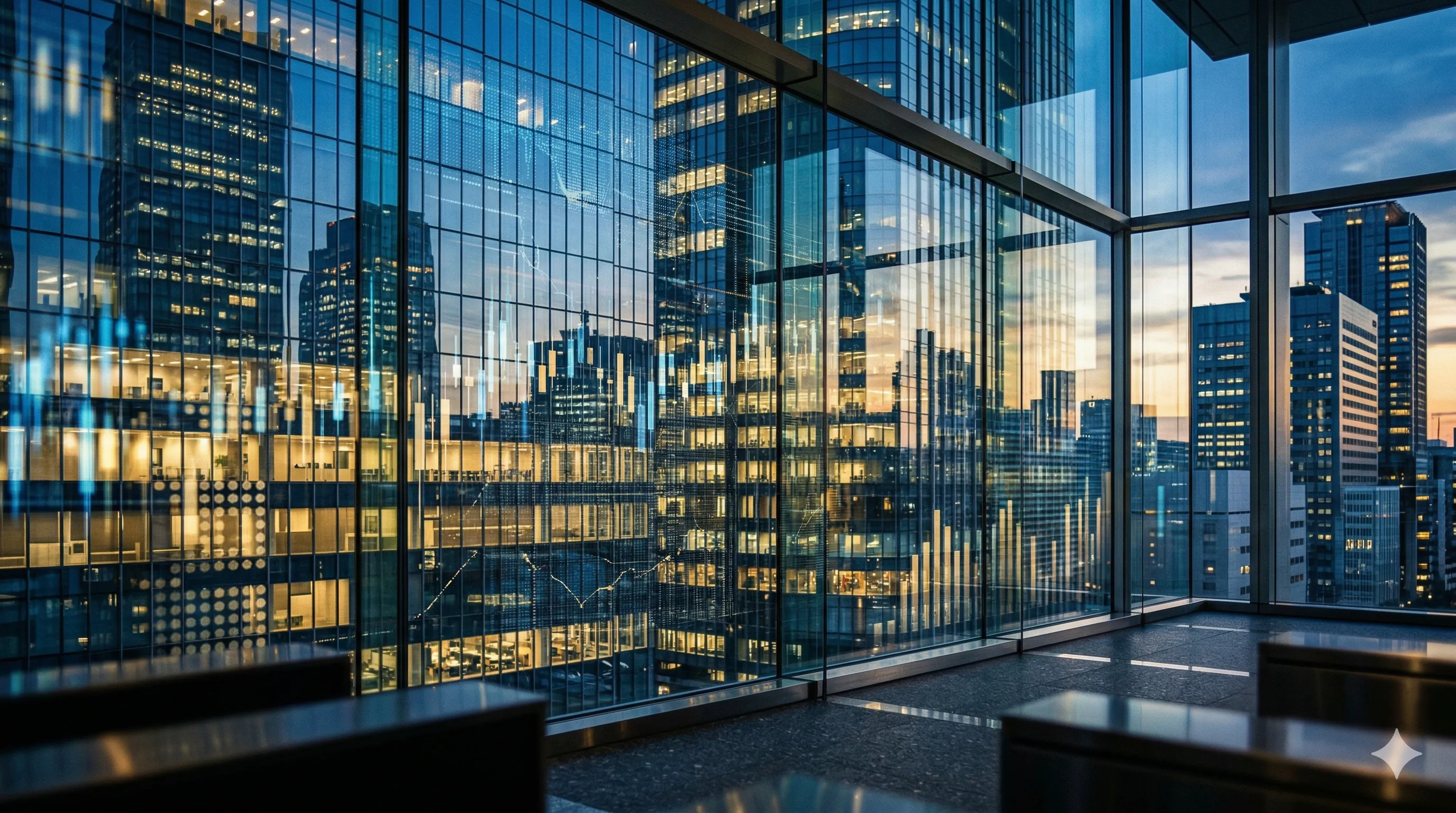 Tokyo skyline viewed through a window with financial charts reflected on glass