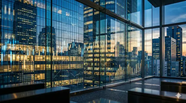 Tokyo skyline viewed through a window with financial charts reflected on glass