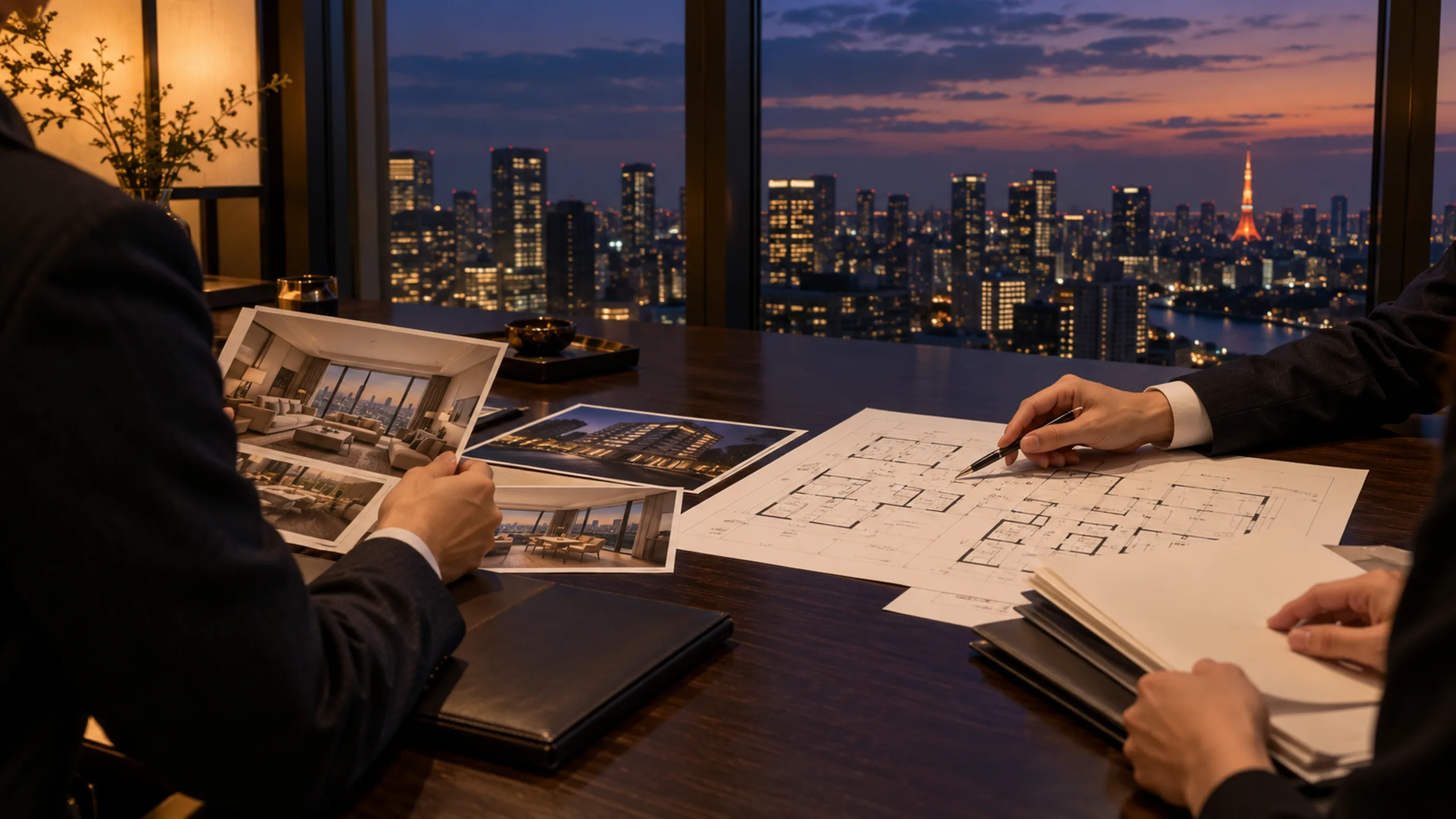 Hands reviewing floor plans and property photos on a meeting table overlooking the Tokyo skyline at dusk