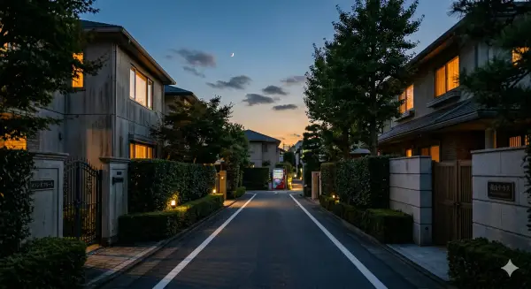 A quiet upscale residential street in central Tokyo at dusk