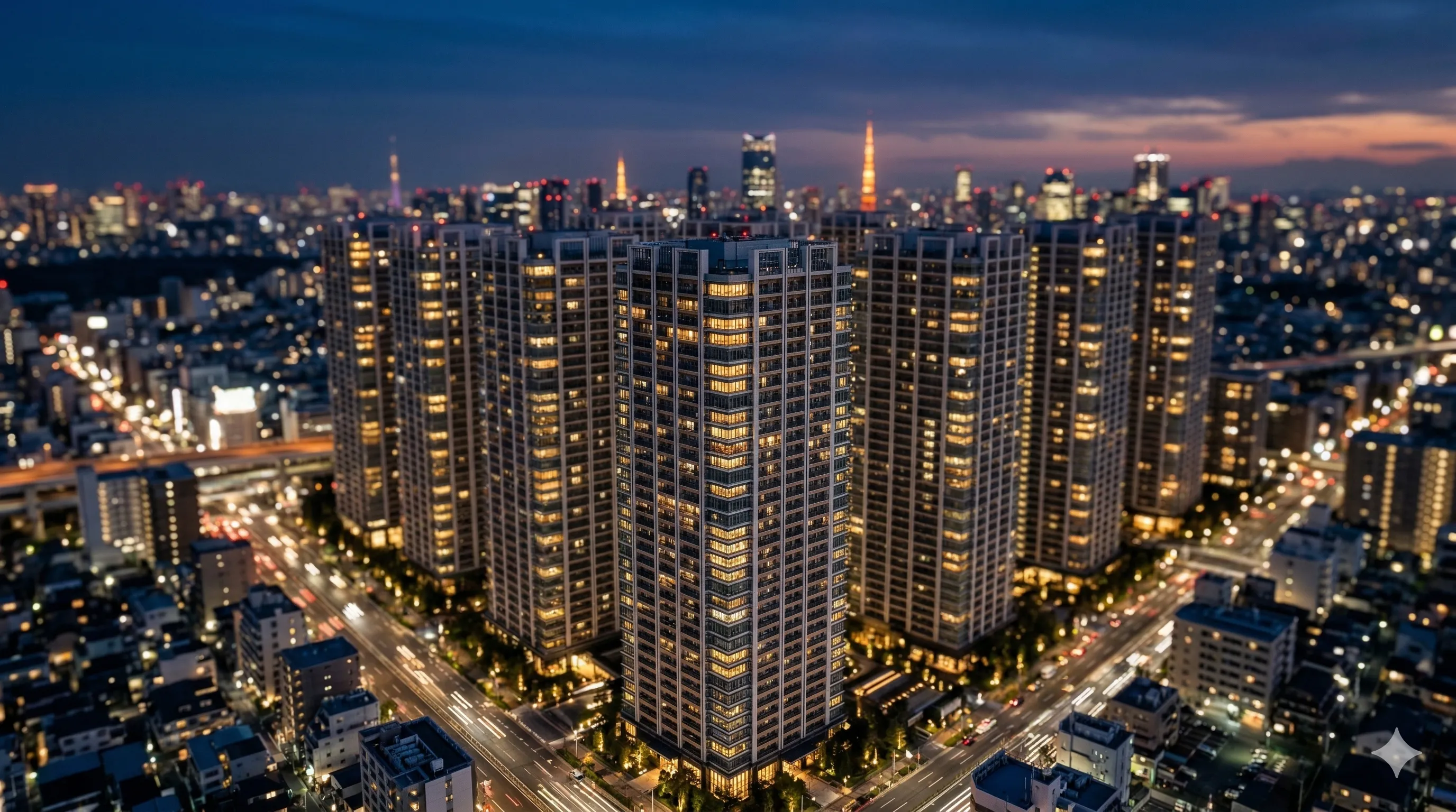 Multiple luxury tower mansions standing in a cluster at twilight