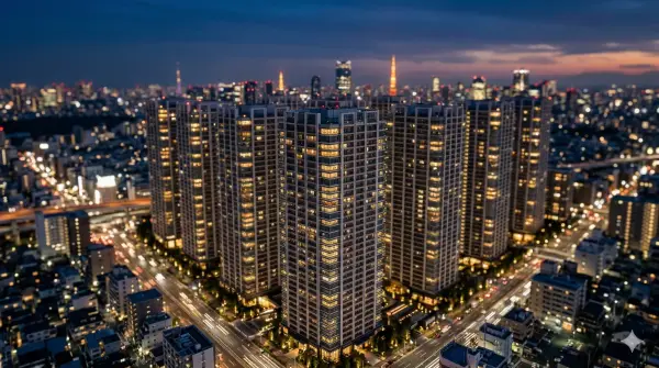 Multiple luxury tower mansions standing in a cluster at twilight