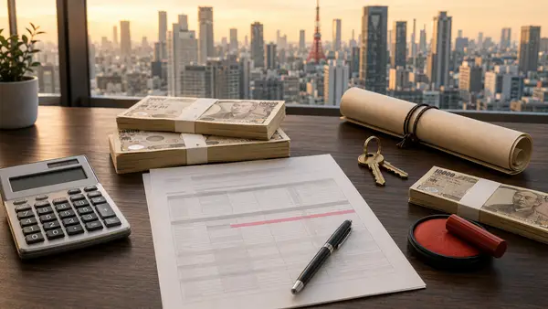 A Japanese property closing statement showing a withholding deduction line, alongside a calculator and a Tokyo skyline