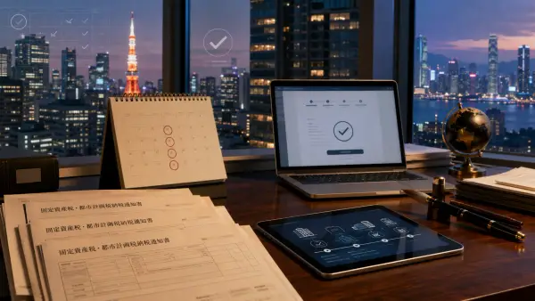 A Japanese property tax notification beside a digital payment portal screen with a Hong Kong skyline visible through an office window