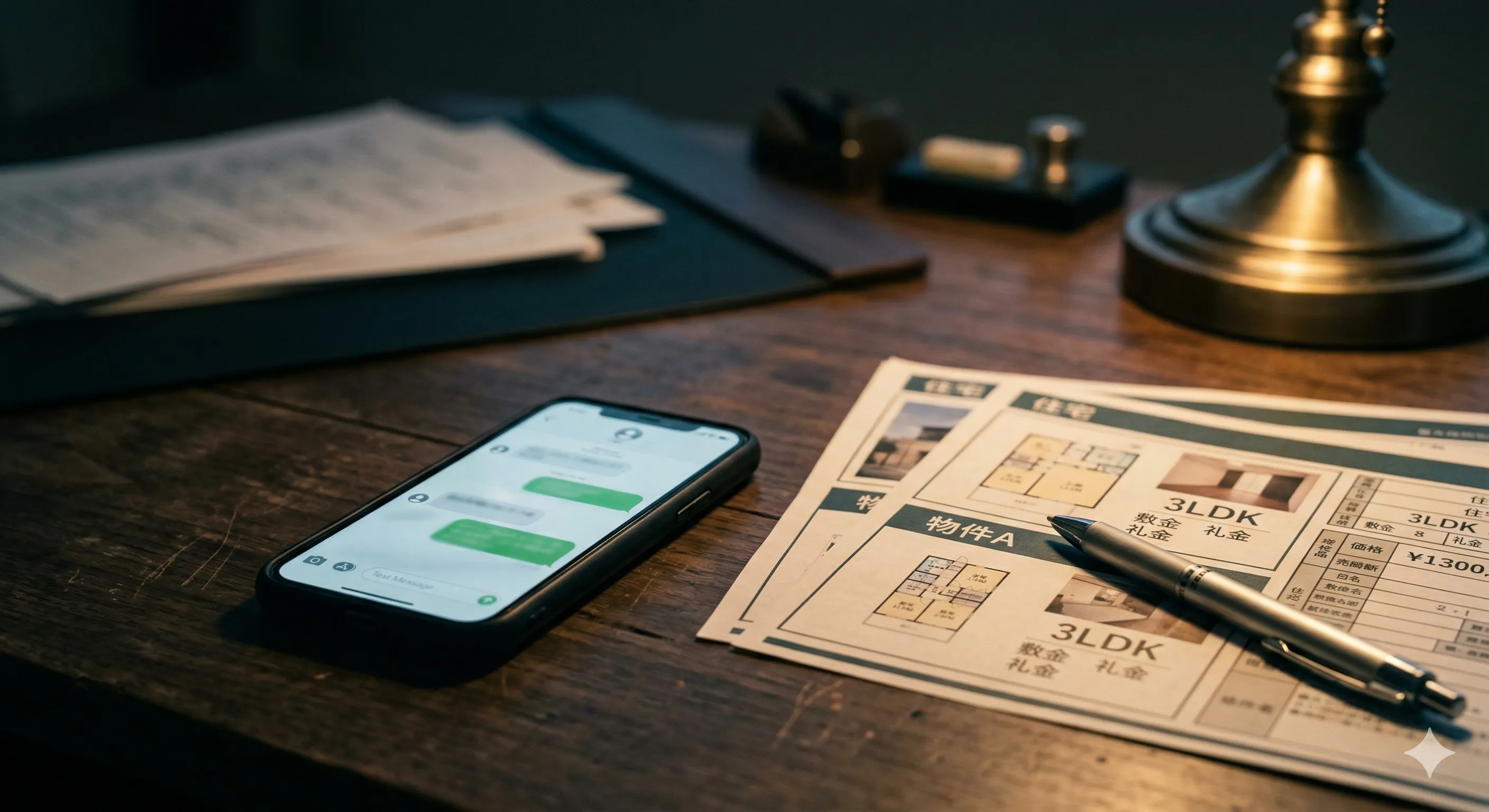 A smartphone messaging screen alongside property documents