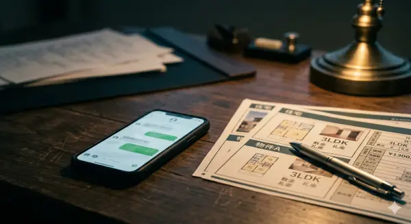A smartphone messaging screen alongside property documents