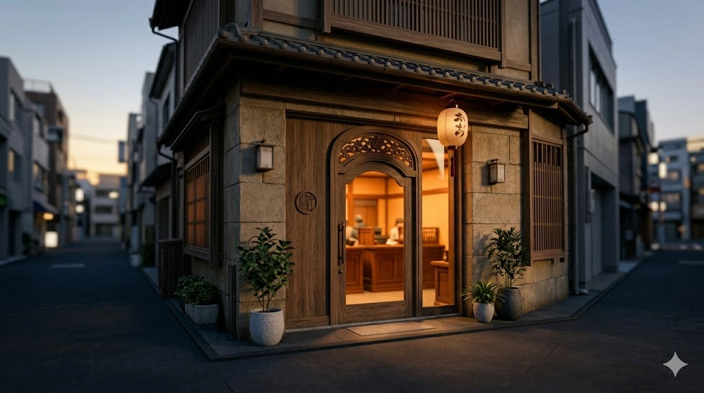 A bank branch sign in Tokyo with Japanese real estate paperwork