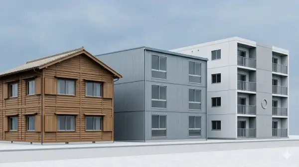 Three residential buildings side by side — wooden, steel-framed, and reinforced concrete