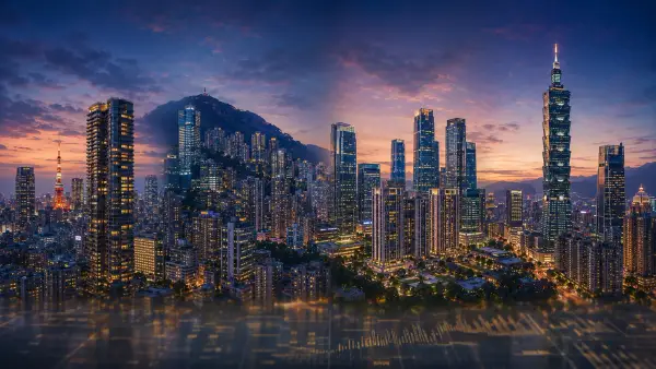 Four-city skyline collage showing Tokyo's Minato towers, Hong Kong's Mid-Levels, Singapore's CCR, and Taipei's Xinyi