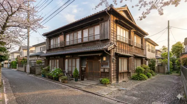 A well-maintained traditional Japanese wooden apartment building in a quiet residential street