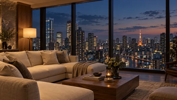Living room of a luxury Tokyo rental apartment overlooking the city at night (illustrative)