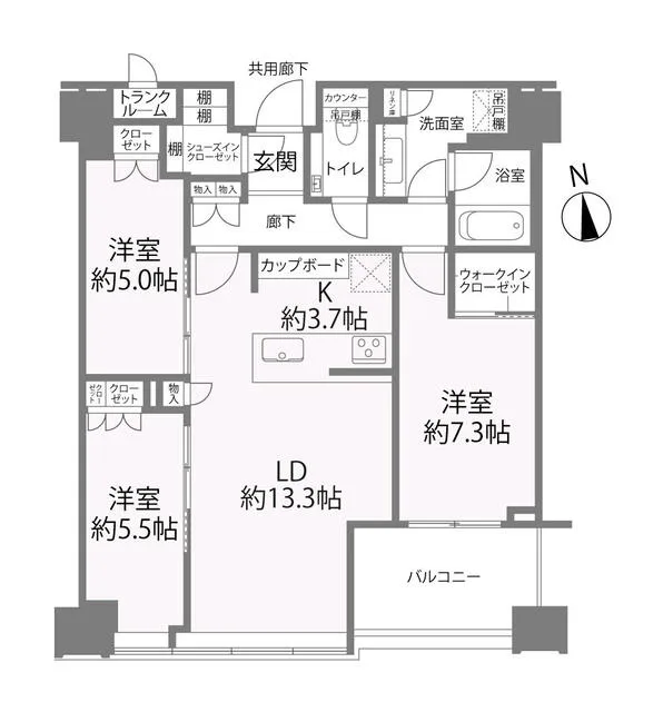 Shirokane The Sky E4103: 3LDK, living-dining approx. 13.3 tatami, bedrooms 7.3 / 5.5 / 5.0 tatami, walk-in closet